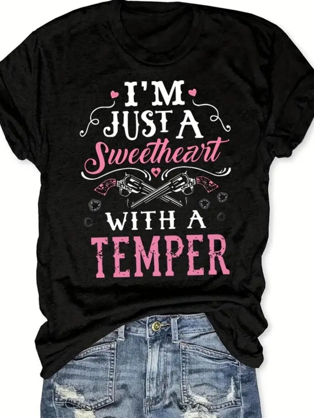 I'm Just a Sweetheart With a Temper Graphic Tee - Black with Pink & White Print
